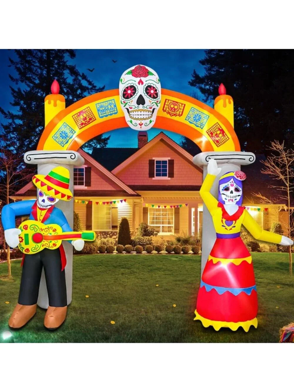 9Ft Halloween Inflatable Archway - Day of the Dead Decor with LED Skull Lights